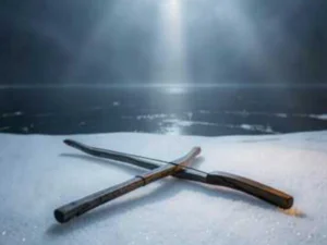 beschützender Bogen am schwarzblauen See in der Winterlandschaft