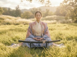 Japanerin sitzt meditierend im tiefen inneren Frieden vor ihrem ruhenden Samurai-Schwert